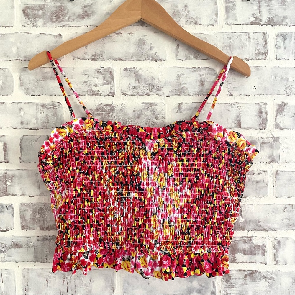 Decree • Floral Smocked Crop Top Bikini Top • Adjustable Straps & Corset Back